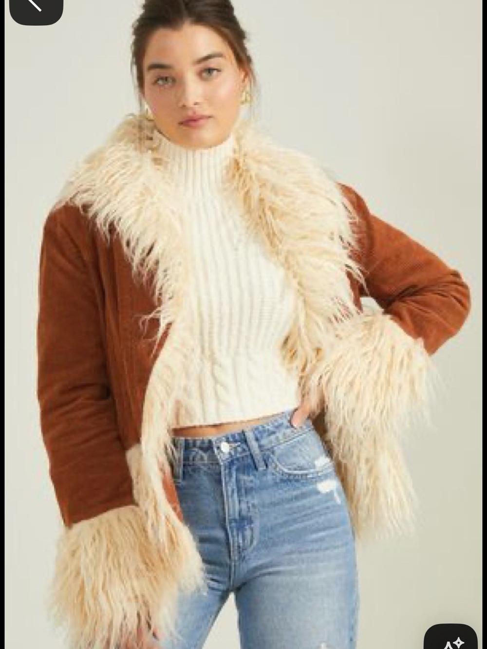 Altar'd State Rust Brown Teddy Jacket with Cream Faux Fur Trim